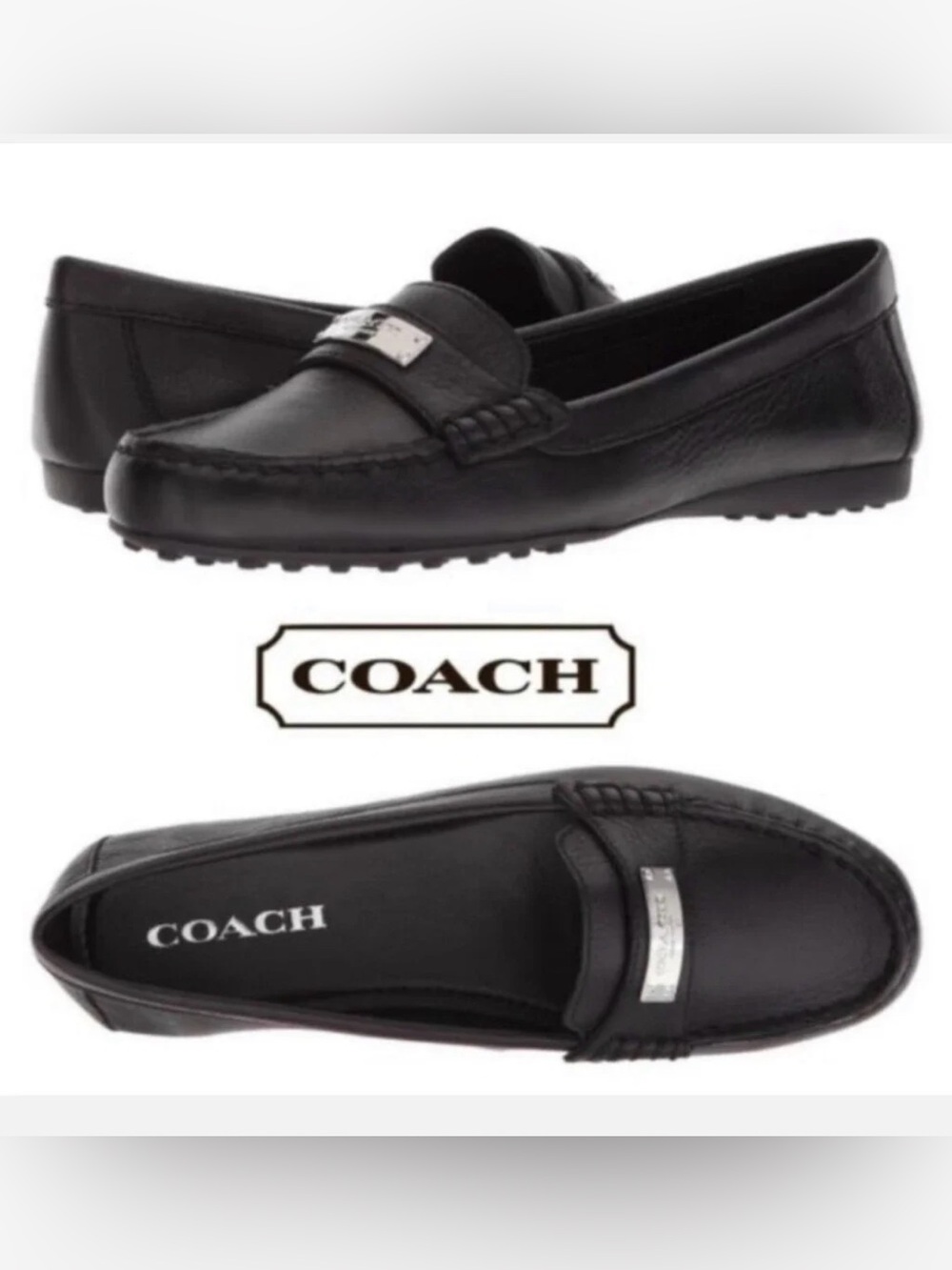 Coach Frederica Black Leather Moccasin Loafers with Silver Accent, NWT - Picture 2 of 11